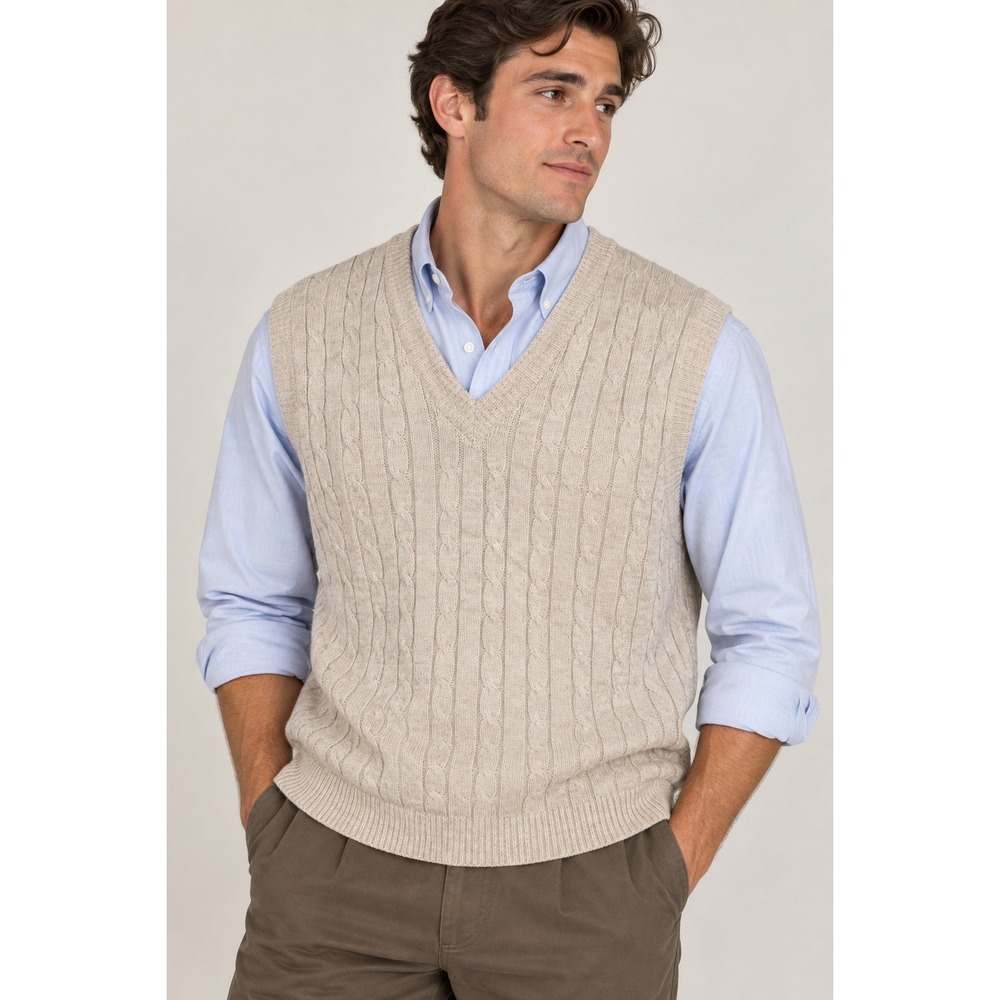 Cream Cable Knit Sweater Vest Mens M Preppy Academia Coastal Fisherman